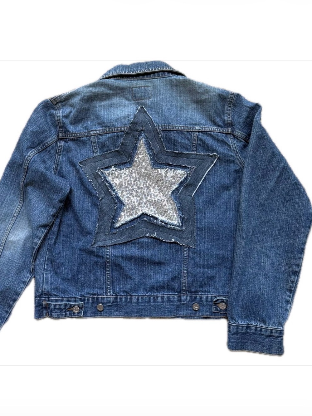 Calvin Klein Upcycled Denim Jacket L Sequin Star OOAK Reworked Jean Jacket - Picture 7 of 12